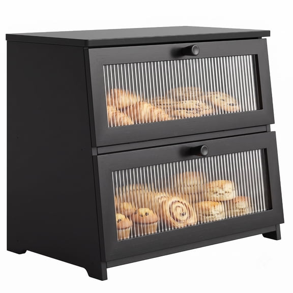 BGTREND Bread Box With Trapezoidal Bamboo for Kitchen Countertop, Spacious Wooden Corner Bread Storage Container, Under Cabinet Organizer(Black,Double Layer)