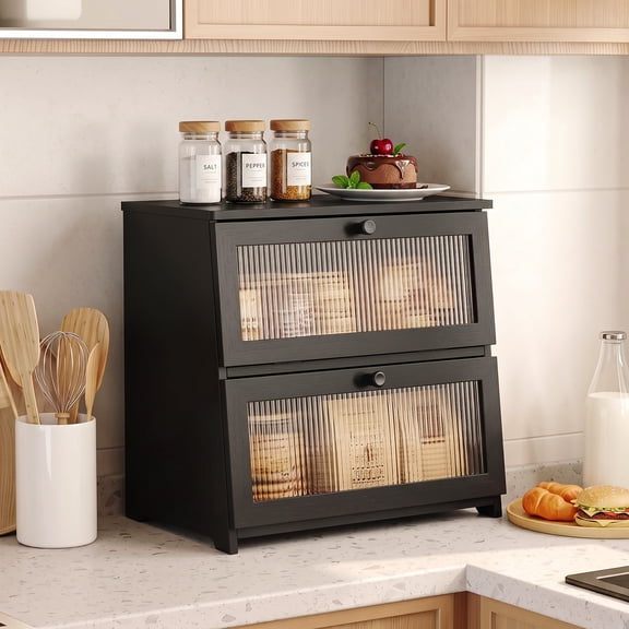 BGTREND Bread Box With Trapezoidal Bamboo for Kitchen Countertop, Spacious Wooden Corner Bread Storage Container, Under Cabinet Organizer(Black,Double Layer)