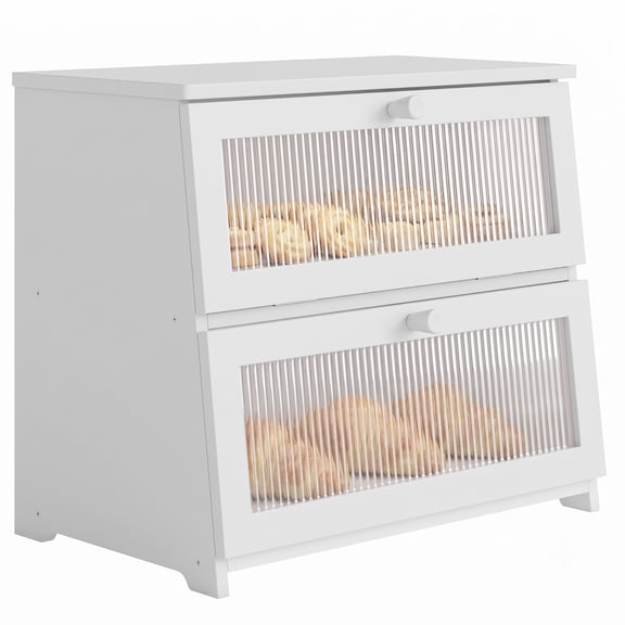 BGTREND Bread Box With Trapezoidal Bamboo for Kitchen Countertop, Spacious Wooden Corner Bread Storage Container, Under Cabinet Organizer(White,Double Layer)