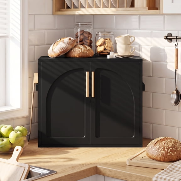 BGTREND Bread Box With Arched Door for Kitchen Countertop, Spacious Bamboo Corner Bread Storage Container, Under Cabinet Organizer(Black,Small)