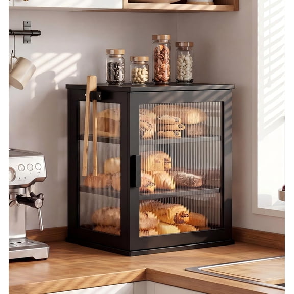BGTREND Bread Box With Three Layer Bamboo for Kitchen Countertop, Spacious Wooden Corner Bread Storage Container, Under Cabinet Organizer(Black,Large)