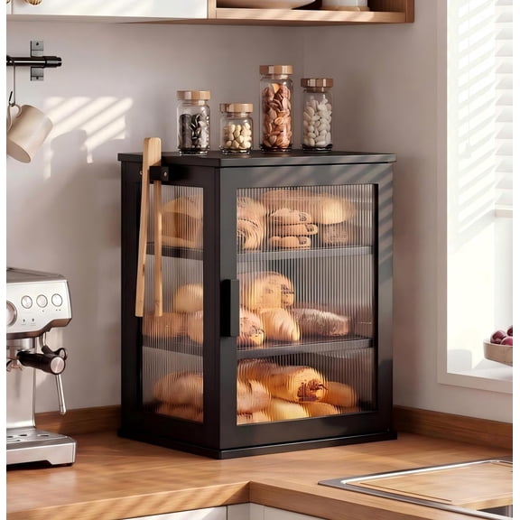 BGTREND Bread Box With Three Layer Bamboo for Kitchen Countertop, Spacious Wooden Corner Bread Storage Container, Under Cabinet Organizer(Black,Small)