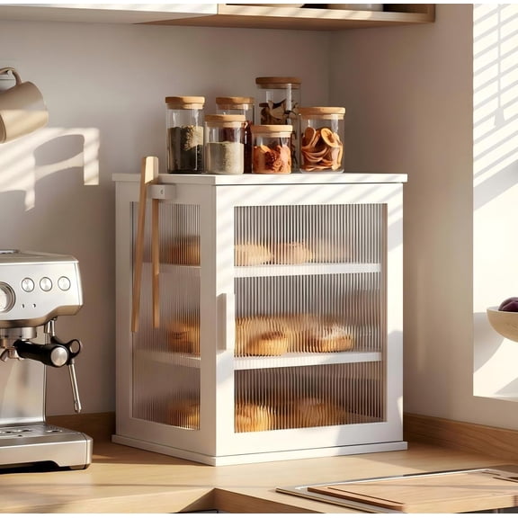 BGTREND Bread Box With Three Layer Bamboo for Kitchen Countertop, Spacious Wooden Corner Bread Storage Container, Under Cabinet Organizer(White,Large)