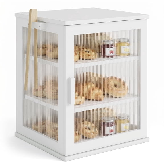 BGTREND Bread Box With Three Layer Bamboo for Kitchen Countertop, Spacious Wooden Corner Bread Storage Container, Under Cabinet Organizer(White,Large)