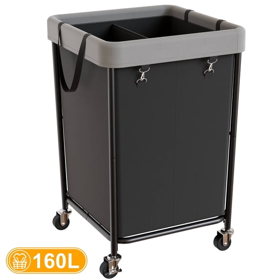 BGTREND 160L Large Laundry Basket with Wheels, Double Laundry Hamper Rolling, Clothes Hamper Cart for Laundry, Bedroom, Bathroom and Dorm, Black