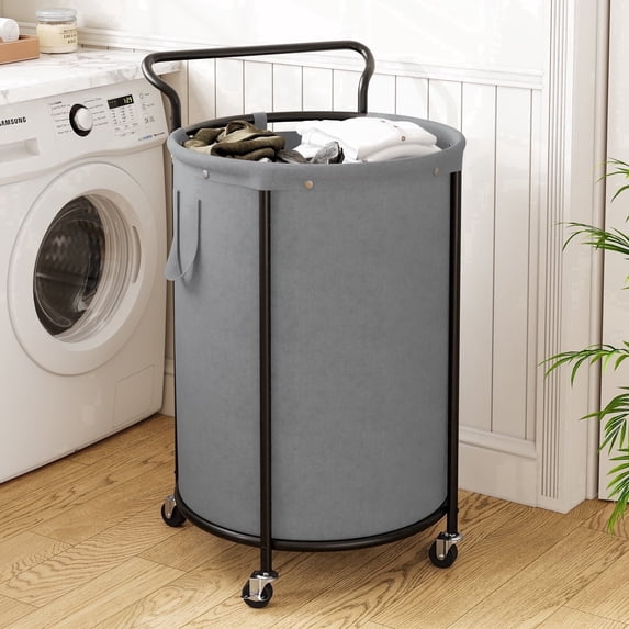 BGTREND 160L Rolling Laundry Hamper with Removable Bag, Round Steel Frame and Handle, Gray