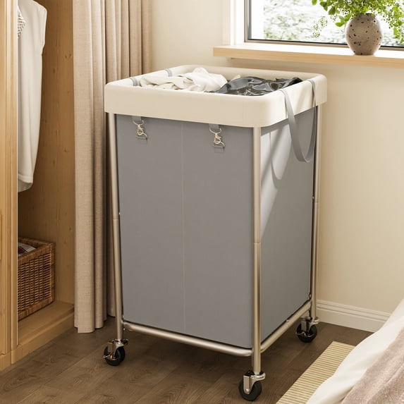 BGTREND 160L Rolling Laundry Hamper with Removable Bag, Round Steel Frame and Handle, Gray