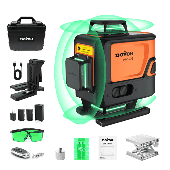 DOVOH P4-360G 4D Green Laser Level, 16-Line 360 Self-Leveling with Rubber Housing, Dual Rechargeable Batteries, for Construction, Tiling, Ceiling and Framing