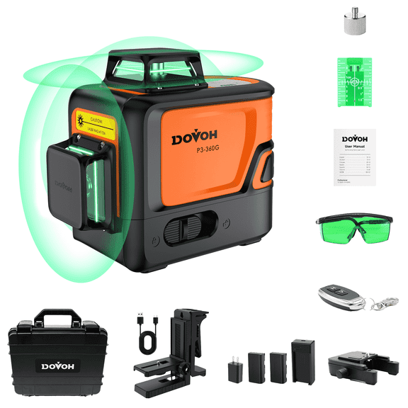 DOVOH Heavy Duty 360 Laser Level Self Leveling, 3 Plane Green Laser Level, Rechargeable for Contractor Tiling Ceiling Class Ⅱ, P3-360G