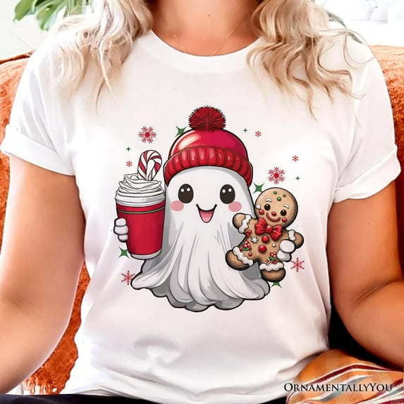 DOVU Cute Ghost Chri.Stm.As T-Shirt, Adorable Gingerbread And Cocoa Holiday Tee Unisex S-5XL Hot Trending Shirt, Vintage Birthday Gift