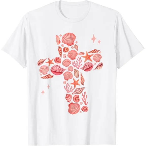 DOVU Pink Seashell Cross Faith Beach Vacation T-Shirt Unisex S-5XL Hot Trending Shirt, Vintage Birthday Gift