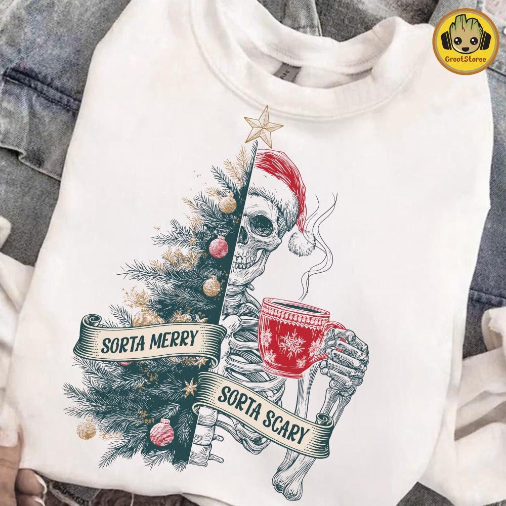 DOVU Retro Chris.Tmas Tree Skeleton Shirt, Sorta Scary Sorta Merry ...