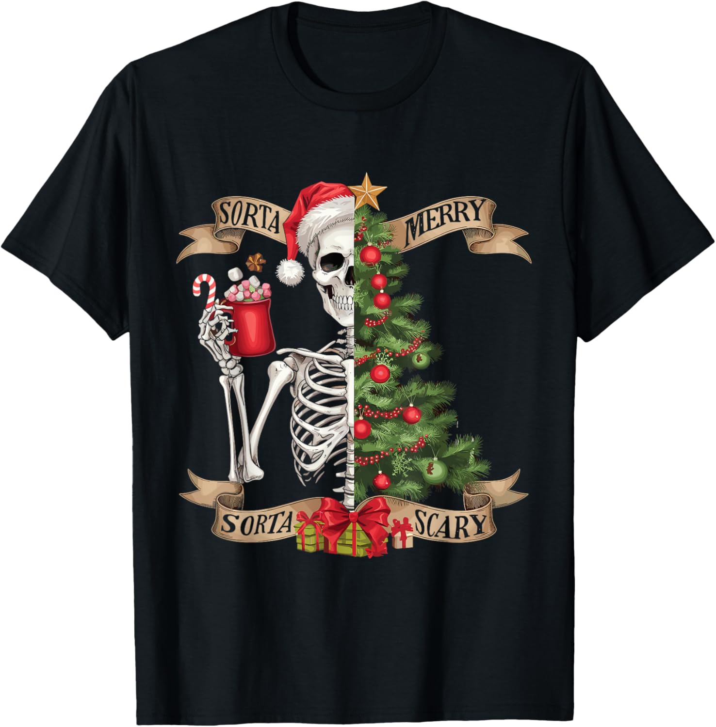 DOVU Sorta Merry Sorta Scary Chris.Tmas Skeleton Tree Men T-Shirt ...