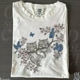 DOVU Vintage Kitten T Shirt Cute Cats Bluebirds Floral Graphic Tee