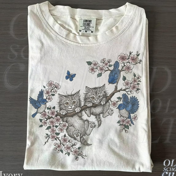 DOVU Vintage Kitten T Shirt Cute Cats Bluebirds Floral Graphic Tee