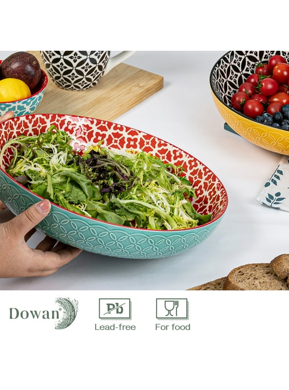 DOWAN 11.5" Large Serving Bowls and Scrub Sponge, 2.9 Qt Mixing Bowls, Pasta Bowls Set of 2, Salad Serving Bowls, Ceramic Fruit Bowls for Kitchen, Vibrant Color