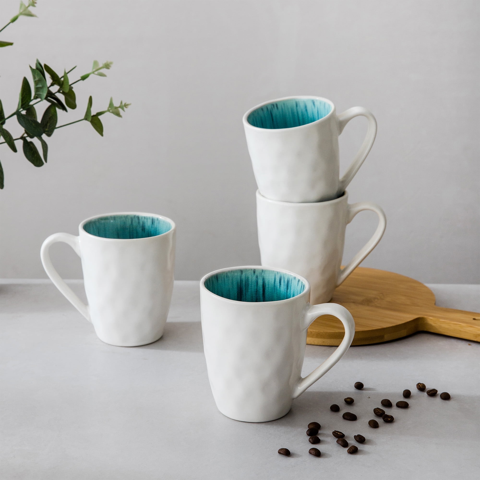 Dowan 4-Piece 16 Oz Ceramic Coffee Mug Set, Porcelain Chocolate and Tea Cups, Dark Blue Glazed Inside &White Outside, Modern Serving Cups for Home