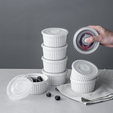DOWAN 4Oz Small White Ceramic Ramekins Set of 8, Porcelain Tart Ramekins Dishes, Dip and Baking Bowls, Oven Dishwasher Safe Bakeware, Free Sponge Stackable