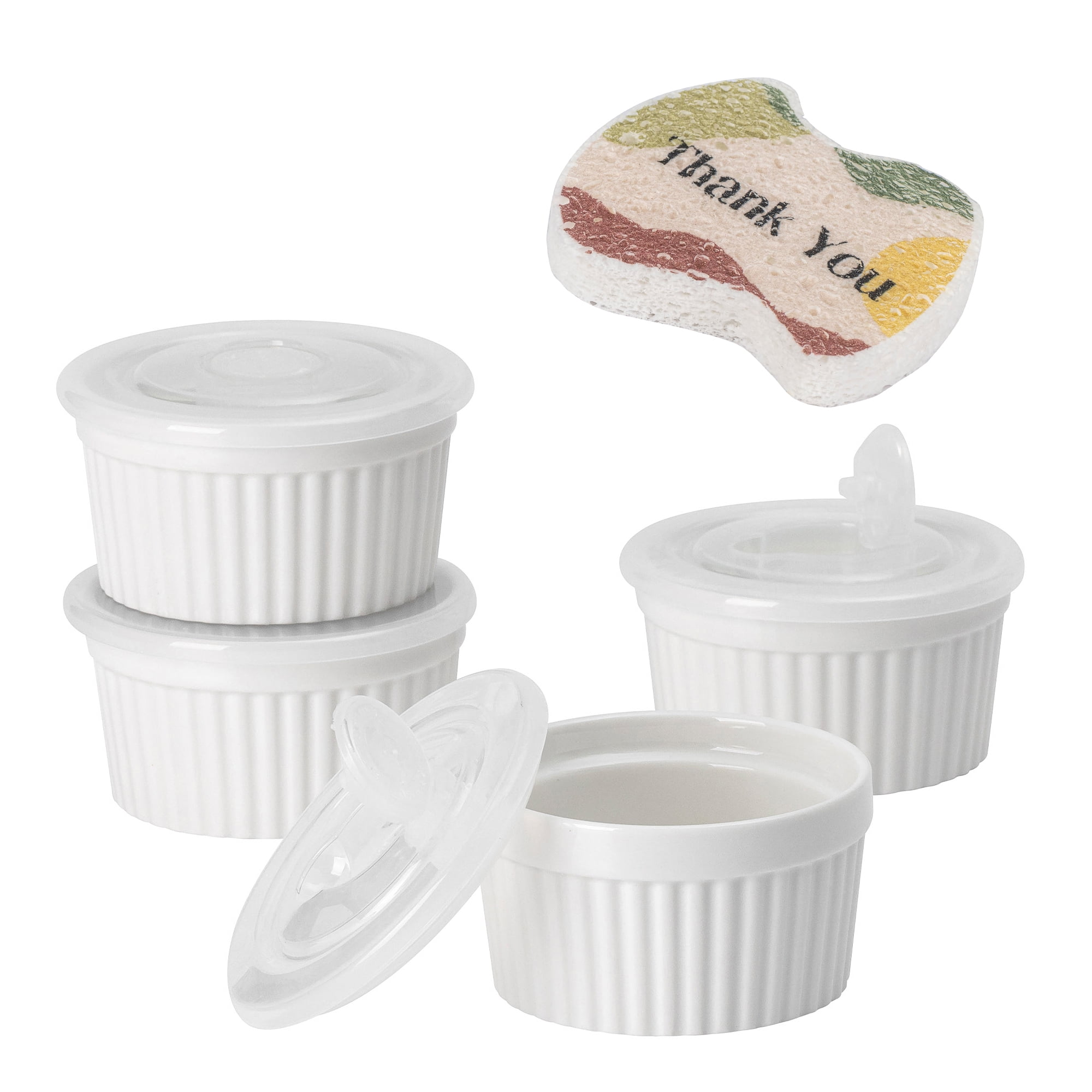 DOWAN 6Oz Small Porcelain Ramekins with Lid Set of 4, White