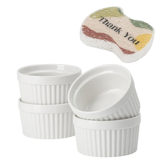 DOWAN 6oz White Ceramic Ramekins Set of 4, Porcelain Ramekins Dishes for Appetizers and Snacks, Baking Bowls, Oven Dishwasher Safe Bakeware, Stackable White