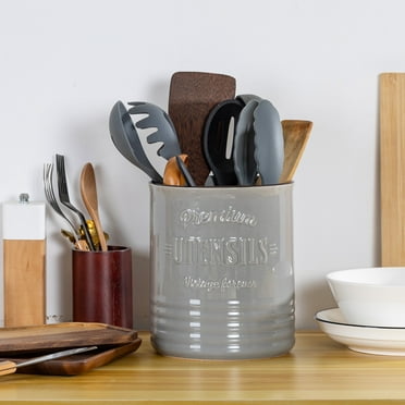 DOWAN 7.2*6.2in Ceramic Utensil Holder with Protection Crock Mat, Large Porcelain Utensil Crock for Kitchen Countertop, Round Utensil Organizer for Spatula, Grey