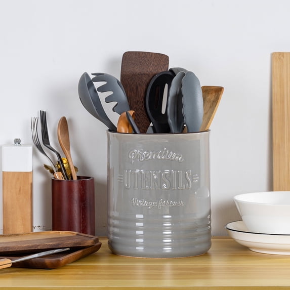 DOWAN 7.2*6.2in Ceramic Utensil Holder with Protection Crock Mat, Large Porcelain Utensil Crock for Kitchen Countertop, Round Utensil Organizer for Spatula, Grey