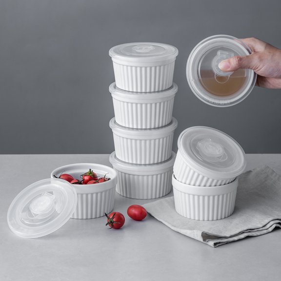 DOWAN 8Oz White Ceramic Ramekins with Lid, Set of 8, Small Porcelain Ramekins Dishes for Desserts, Appetizers and Snacks, Stackable Baking Bowls, Oven Dishwasher Safe Bakeware, Free Sponge