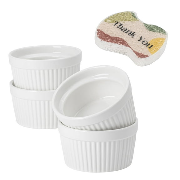 DOWAN 8oz Blue Ceramic Ramekins Set of 4, Porcelain Baking Bowls for Desserts, Snacks, and Dips, Oven and Dishwasher Safe Bakeware, Stackable Ramekins with Free Sponge