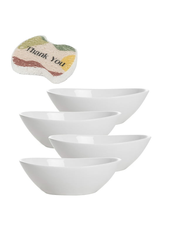 DOWAN 9" Porcelain Serving Bowls and Scrub Sponge, Large Serving Dishes, 36 Ounce for Salads, Side Dishes, Pasta, Oval Shape, Microwave & Dishwasher Safe, Good Size for Dinner Parties, Set of 4, White
