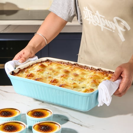 DOWAN Casserole Dish and Ramekins, Large Ceramic Baking Dish with Handles and 4oz Ramekins set of 4, 135 oz Deep Baking Pan for Turkey, Porcelain Ramekins Bowls for Creme brulee Souffle,Lake Blue