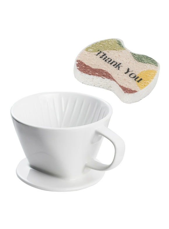 DOWAN Ceramic Coffee Dripper and Scrub Sponge, Reusable Pour over Coffee Dripper, White