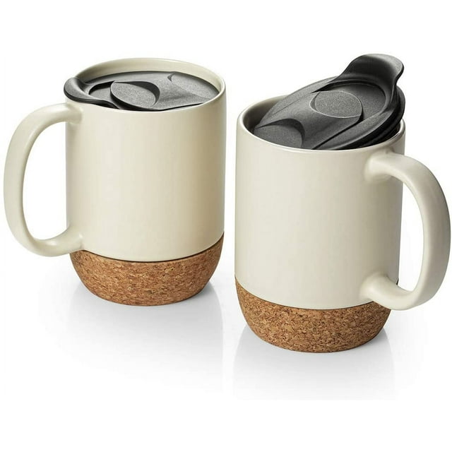 DOWAN Coffee Mugs Set of 2, 15 OZ Ceramic Mug with Insulated Cork Bottom and Splash Proof Lid, Large Coffee Mug with Handle for Men, Women, Beige