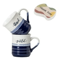 DOWAN Large Coffee Mug Set of 2 with Scrub Sponge, 18 oz Ceramic Mug with Word “Grateful”, Big Tea Cup for Office & Home, Thank You Gift, Fall Mug Pumpkin, Blue