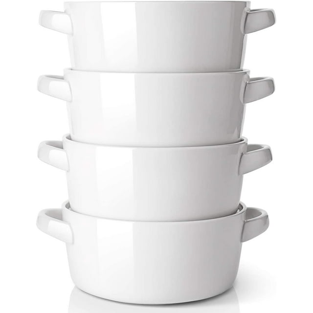 DOWAN Large Soup Bowls Set with Handles Serve For 4,24 OZ White Ceramic
