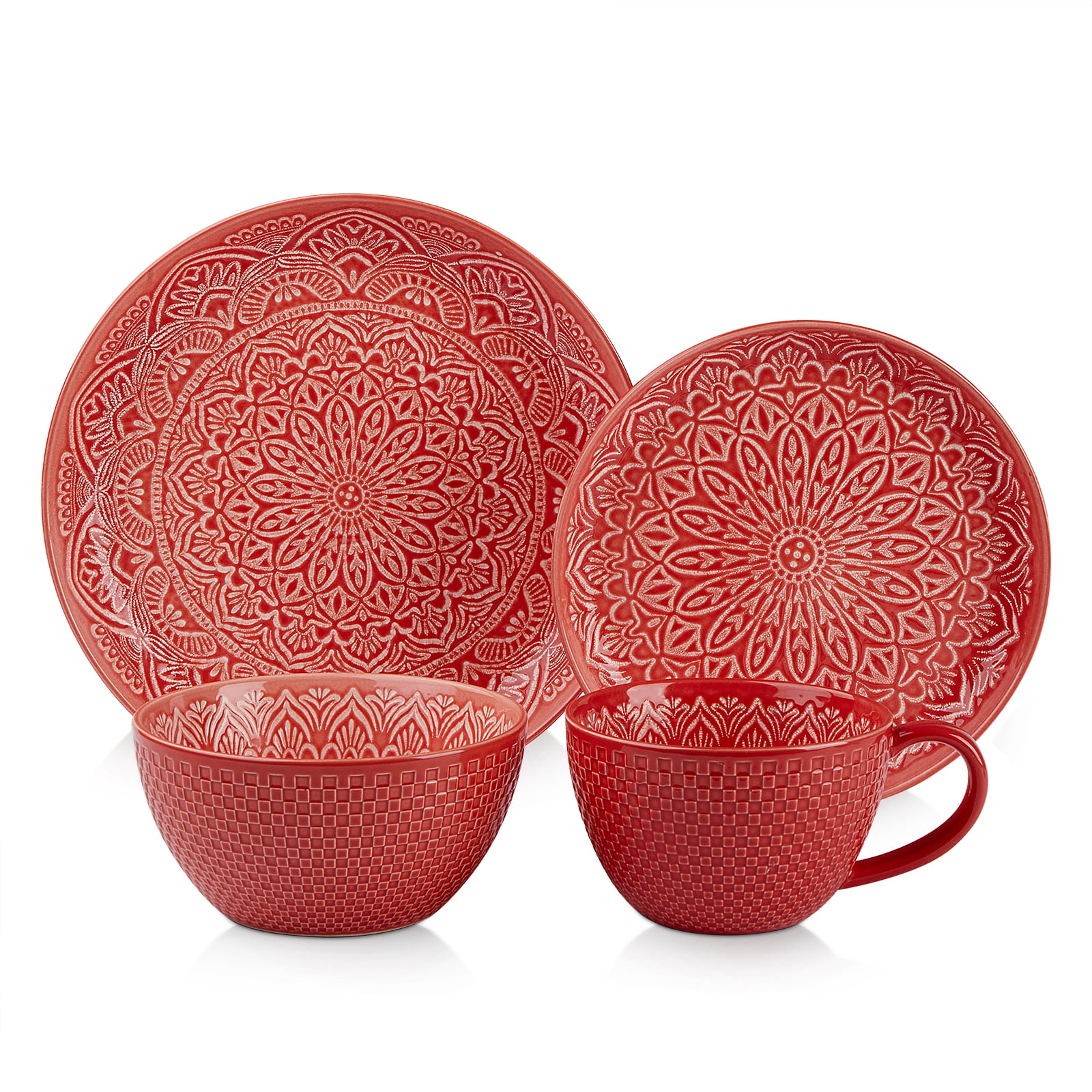 Dowan Mandala Oriental Mosaic 4-Piece Ceramic Dinnerware Set, Single Served Plate Set, Porcelain Platters, Soup Bowl &Coffee Mug, Red Textured
