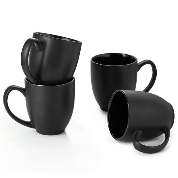 DOWAN Matte Black Frosted Mugs, 16oz Porcelain Coffee Mug Set of 4, Ceramic Coffee Mugs with Large Handles for Men Women, Ceramic Latte Large Mugs, Black