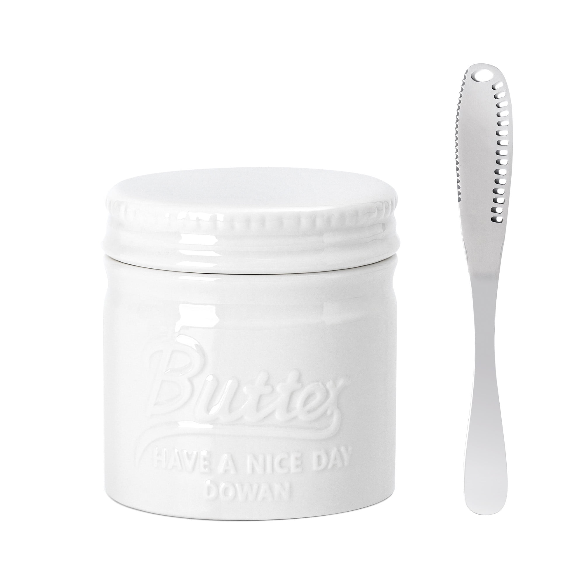 DOWAN 6.5Oz Porcelain Butter Dish Set with Lid &Butter Knife, Ceramic Butter Keeper Crock for