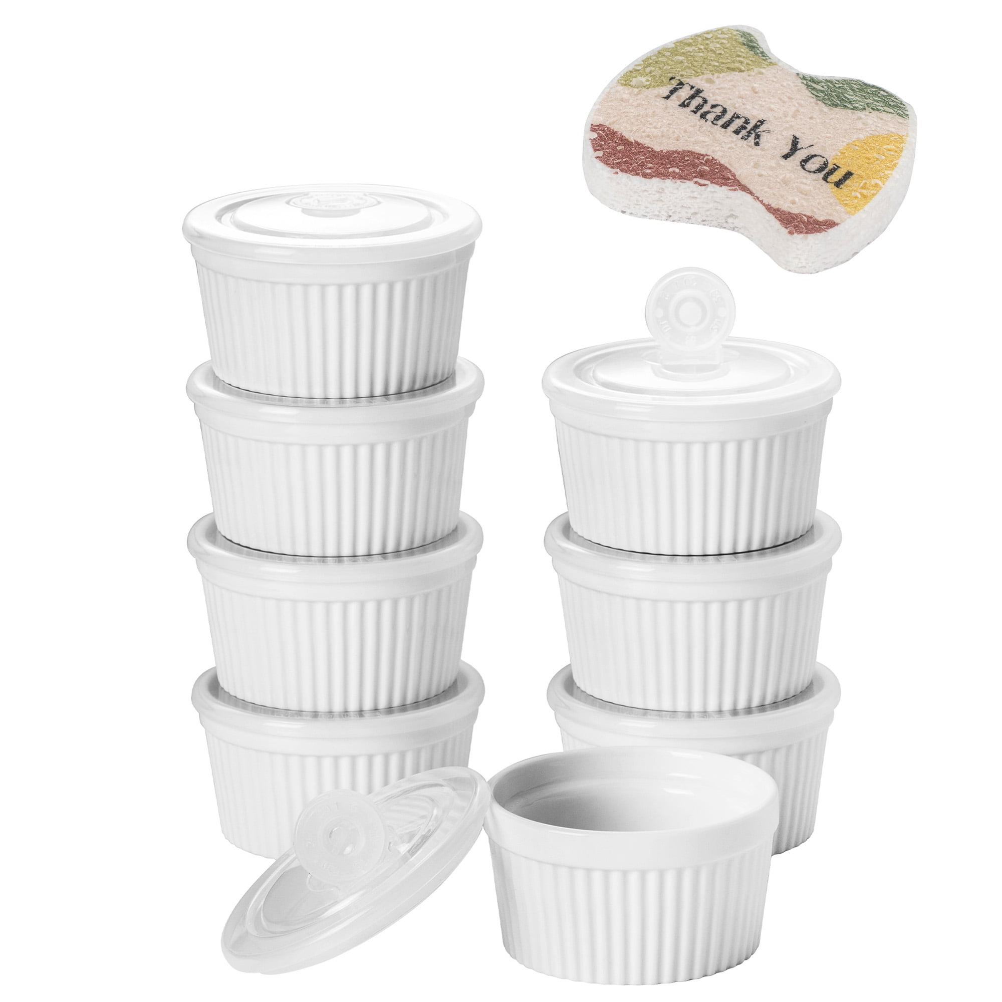 DOWAN Ramekins with Lids and Scrub Sponge, 8 oz Creme brulee Ramekins Bowls with Covers