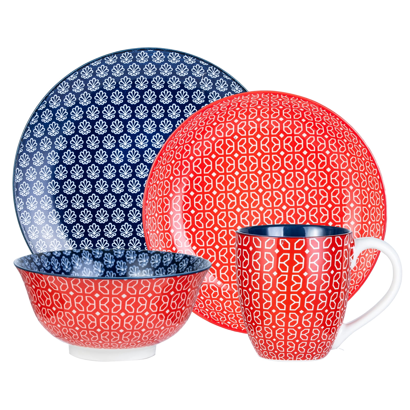 Dowan Vibrant Joy 4-Piece Ceramic Dinnerware Set, Single Served Plate Set, Porcelain  Platters, Soup Bowl &Coffee Mug, Red & Blue Combo