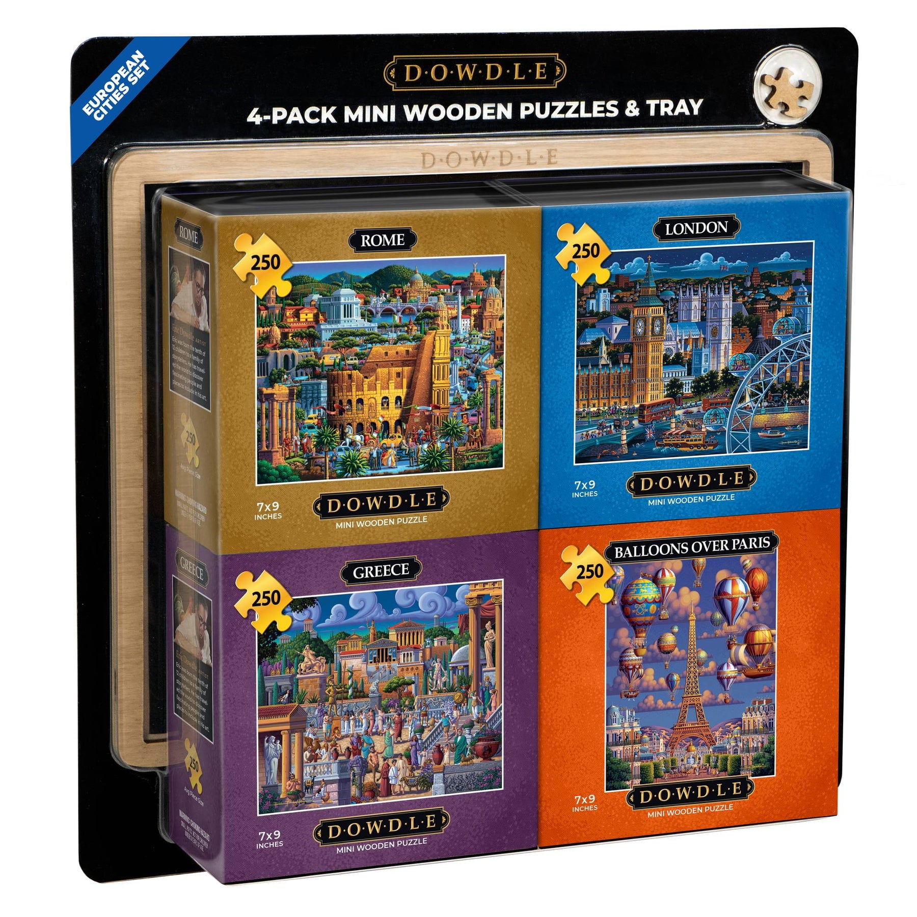DOWDLE Mini Wooden Jigsaw Puzzles 4-Pack & Tray - European Cities