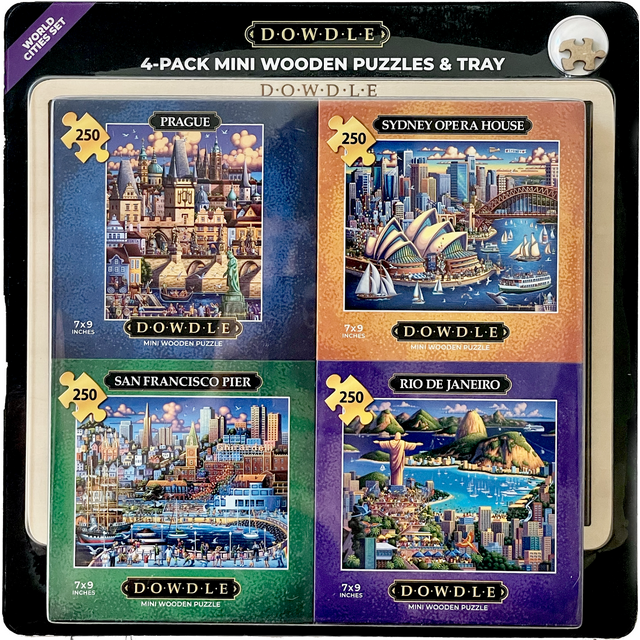 DOWDLE 4Pack Mini Wooden Puzzles & Tray World Cities Set, 250 Piece