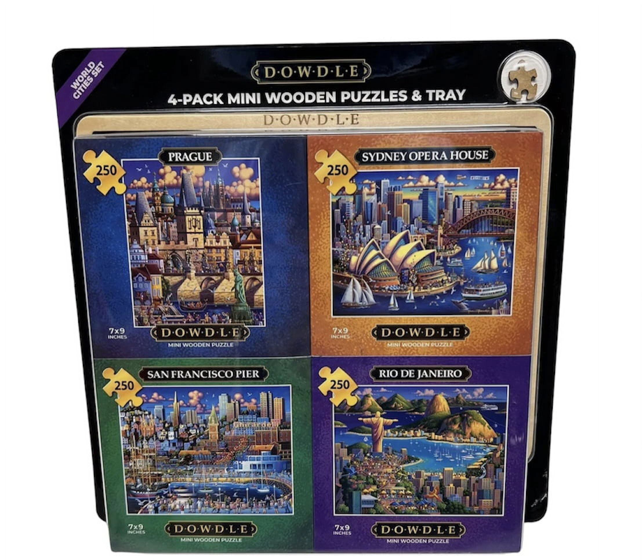 DOWDLE 4Pack Mini Wooden Puzzles & Tray World Cities Set, 250 Piece
