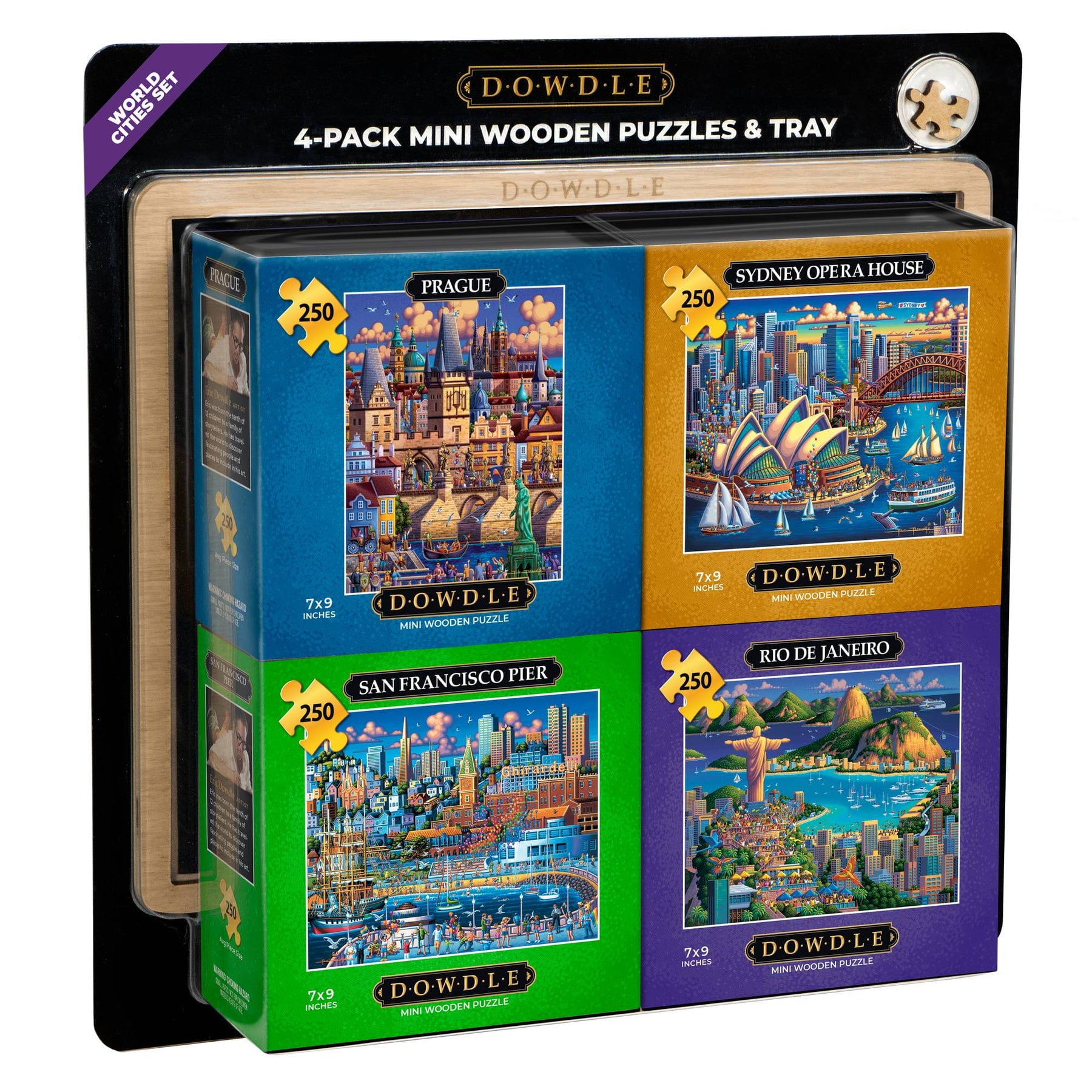 DOWDLE 4Pack Mini Wooden Puzzles & Tray World Cities Set, 250 Piece