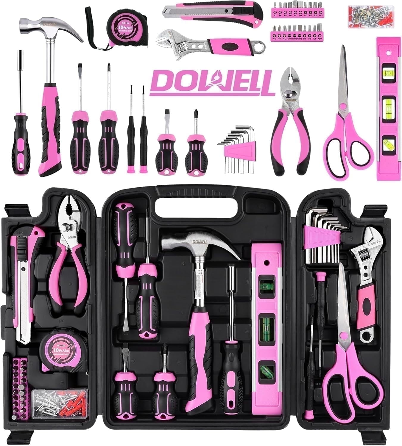 DOWELL 123-Piece Pink Home Repair Kit for Women & Girls with Ergonomic Handles, Durable Tool Box, Non-Slip Grips