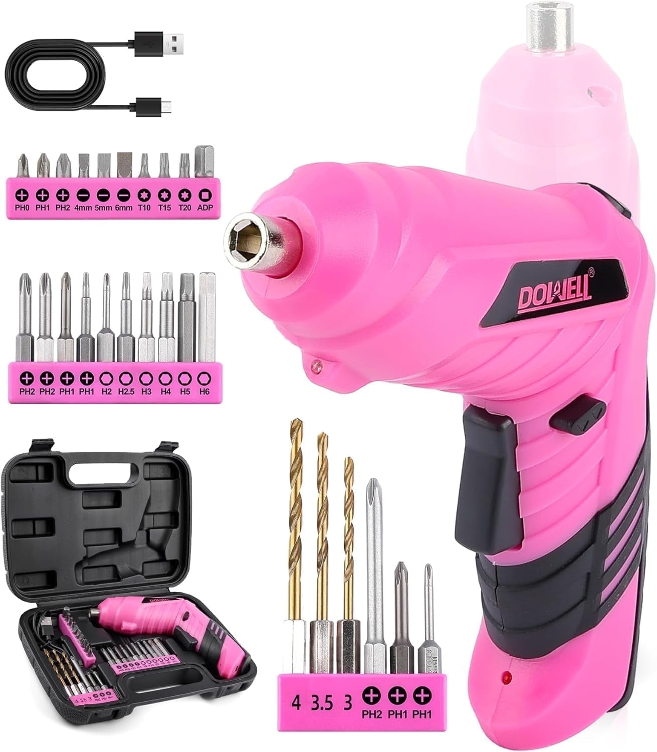 DOWELL Power Electric Cordless Screwdriver Set Rechargeable 3.6V Power Screwdriver Kit Tools for Women with 28pcs Accessories Pink