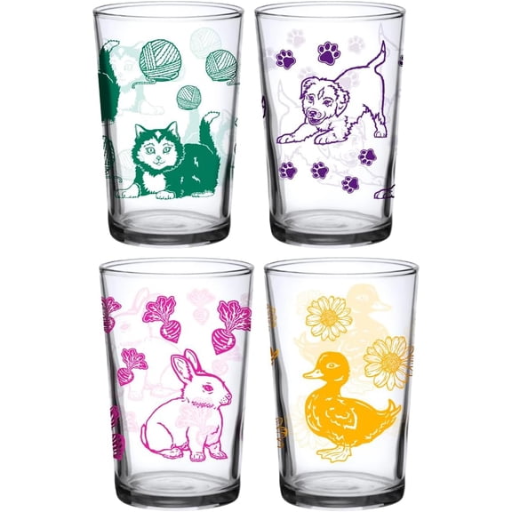 DOWN TO EARTH BASICS Cute Animal Drinking Glass Set 7 oz Glasses for Kids and Adults Set of 4 with Ducky Bunny Puppy and Kitty Artwork