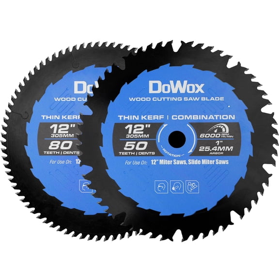 DOWOX 12-Inch 50-Tooth Combination Saw Blade and 80-Tooth Fine Finish Saw Blade Set, Carbide-Tipped Woodworking for Table Saws and Miter Saws, 1-Inch Arbor, Two Pack