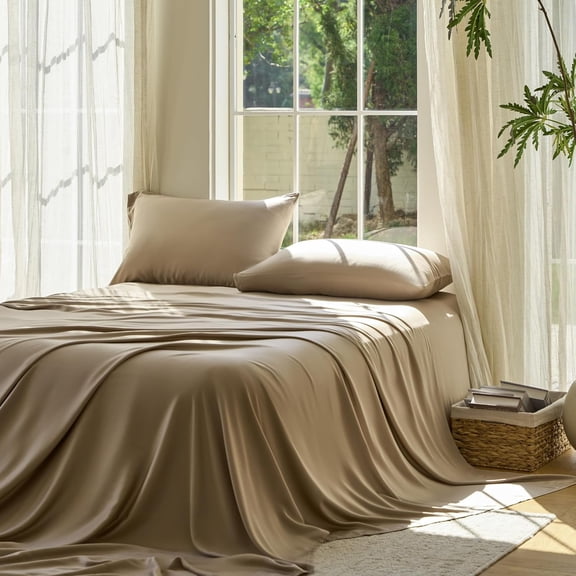DOZ Sheet Set 100% Viscose derived from Bamboo Organically Grown Buttery Soft Cooling Sheets High GSM Deep Pockets - 3 Piece - 2 Pillowcases 1 Fitted Sheet (Dune Queen)