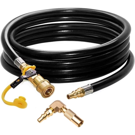 DOZYANT 12ft RV Propane Quick Connect Hose with Elbow Conversion Fitting for Blackstone 17inch and 22inch Table Top Griddle - 1/4 inch Safety Shutoff Valve & Male Full Flow Plug