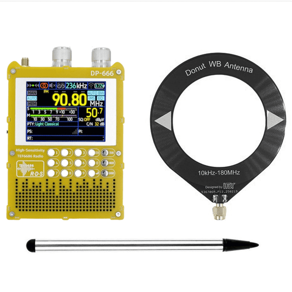 DP-666 TEF6686 Radio 2.8-Inch IPS Touch Screen High Sensitivity Radio Full Band FM LW MW SW Radio A,1 x Radio 1 x Donut antenna 1 x Touch pen 1 x TYPE-C data cable 1 x Storage bag